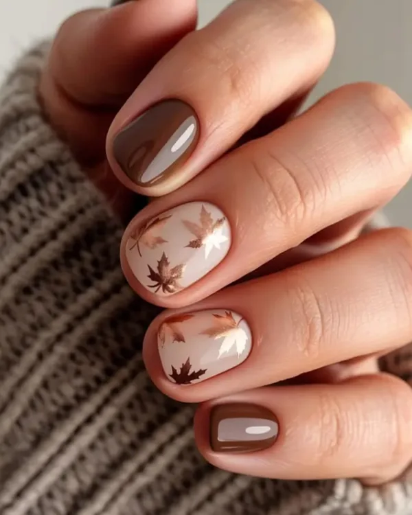 Nagels in bruintinten met herfstbladeren